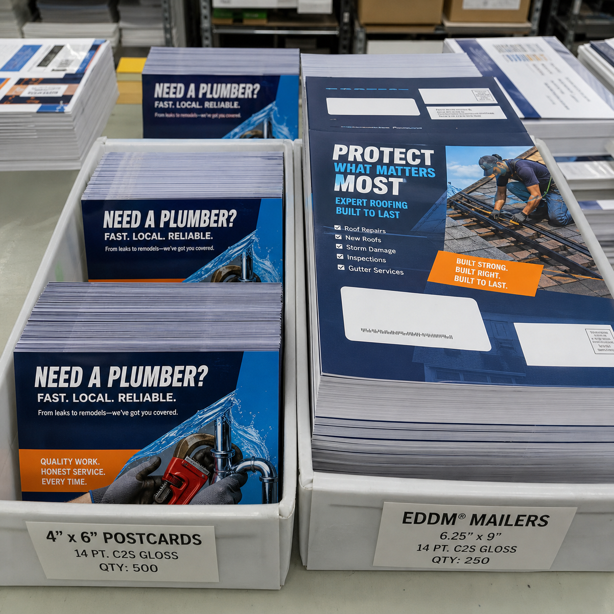 4 × 6 full-color postcards on standard 80 lb cover stock. Print-only pricing; one design per quantity.