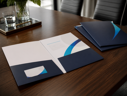 Premium custom presentation folder open on a conference table