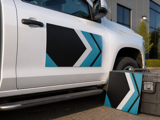 Removable custom vehicle magnet installed on a service truck